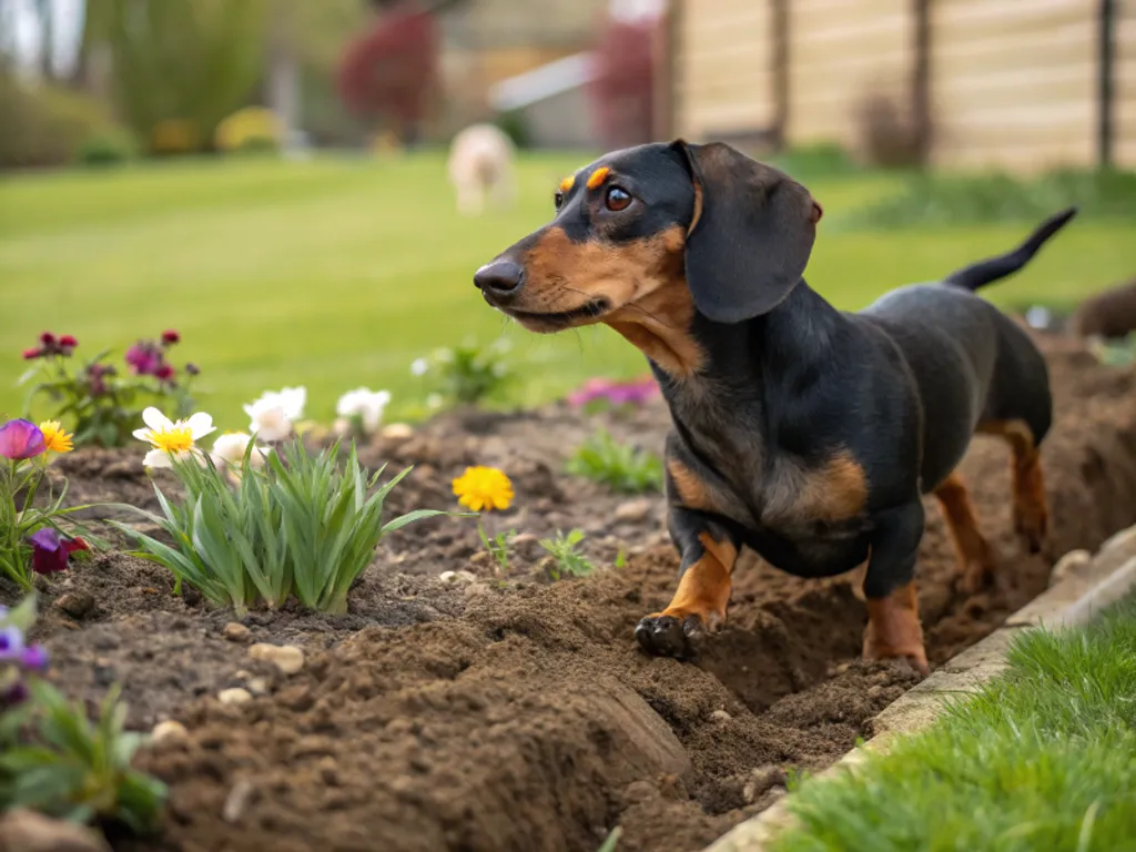 photo d 'un teckel noir et feu qui creuse dans un jardin fleuri pour chercher des blaireau